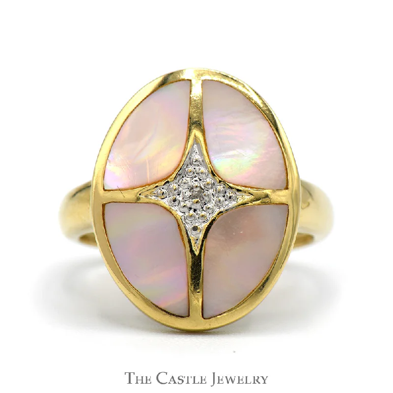 ladies rings with teal turquoise -Oval Shaped Pink Mother of Pearl Ring with Diamond Accent in 14k Yellow Gold