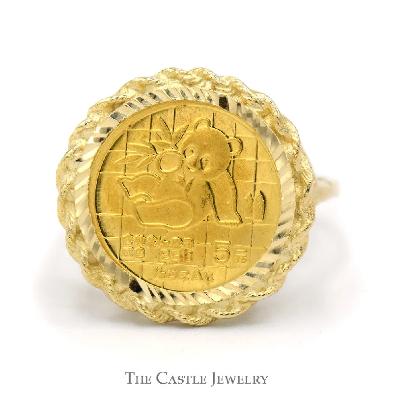 ladies rings trendy 2025 fashion -24K Gold 1989 Panda Coin Ring in 14k Yellow Gold Rope Designed Bezel Mount