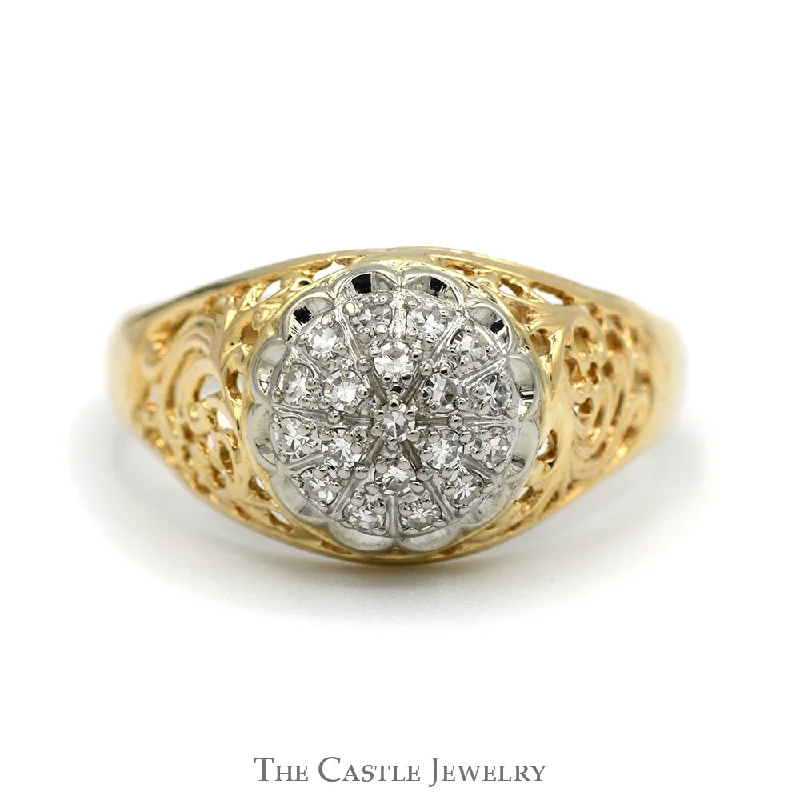 ladies rings delicate heart shape -1/2cttw Diamond Kentucky Cluster Ring with Open Filigree Sides in 10k Yellow Gold