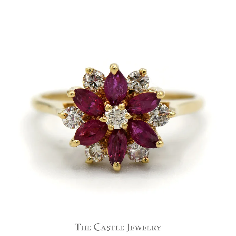 ladies rings for proposal moment -Ruby and Diamond Flower Design Ring with Marquise Cut Rubies and 1/4cttw Round Brilliant Cut Diamonds in 14 KT Yellow Gold