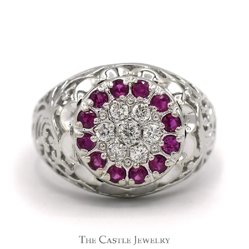 ladies rings with engraving detail -Ruby & Diamond Kentucky Cluster Ring with Open Filigree Sides in 10k White Gold