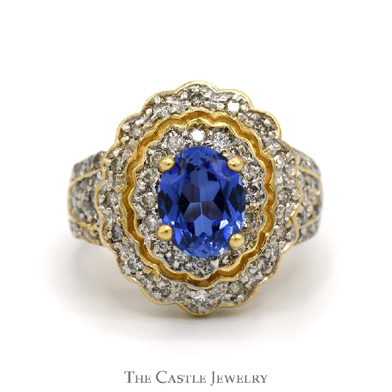 ladies rings layered stackable look -Oval Tanzanite Ring with 3/4cttw Diamond Accented Sides and Halo in 14k Yellow Gold