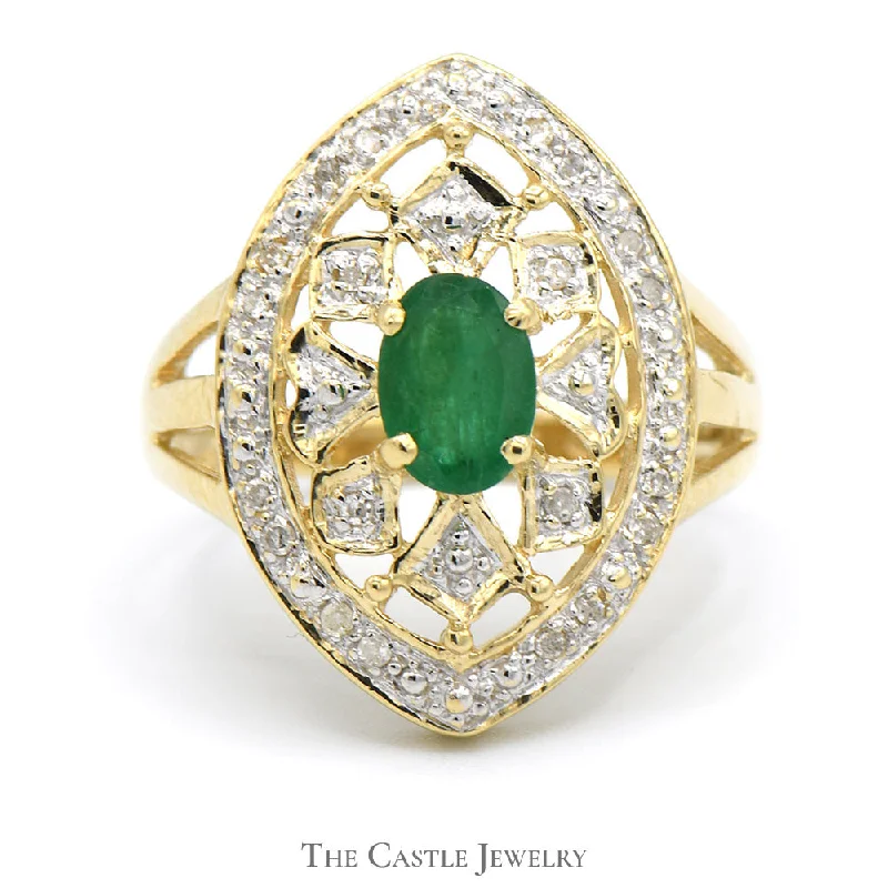 ladies rings custom personalized -Oval Emerald Shield Ring with Diamond Cluster Accents in 10k Yellow Gold