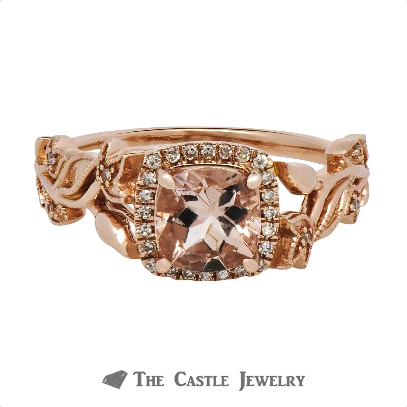 ladies rings with topaz blue -Cushion Cut Morganite Ring with Diamond Halo & Flower Design Rose Gold Mounting