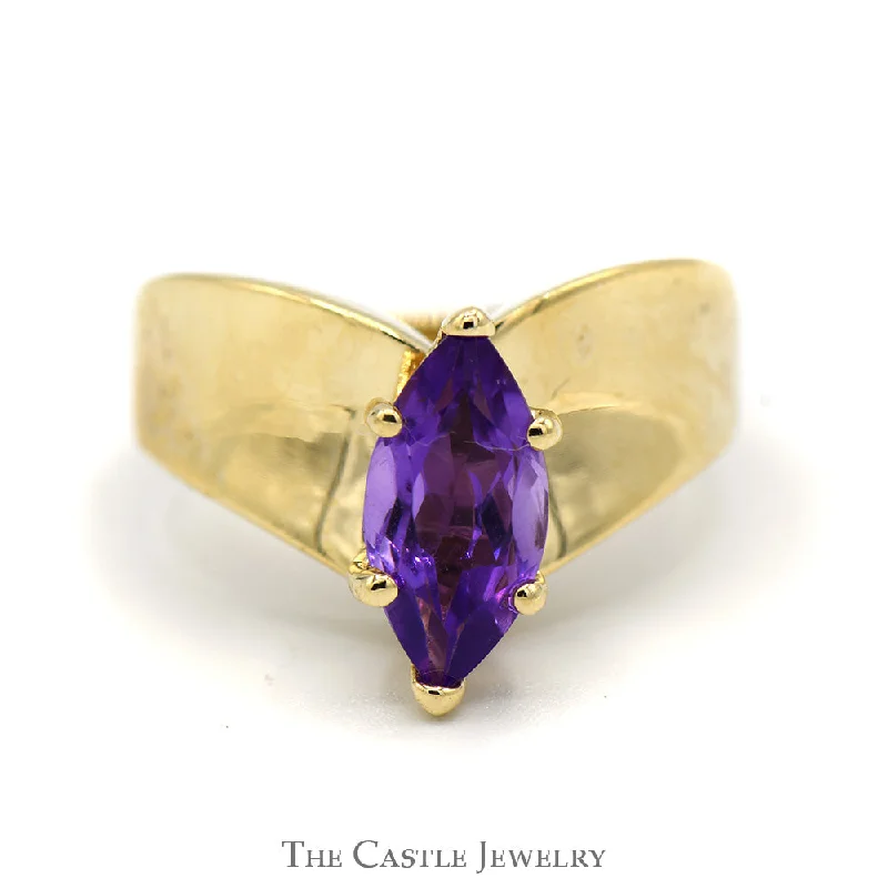 ladies rings with moonstone shine -Marquise Amethyst Ring in V Shaped Concave Design 10k Yellow Gold Band