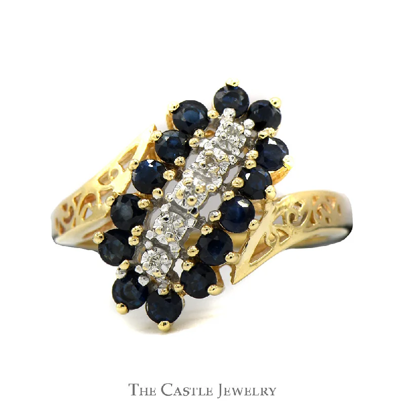 ladies rings rose gold trendy -Sapphire & Diamond Waterfall Cluster Ring with Open Filigree Bypass Design in 10k Yellow Gold