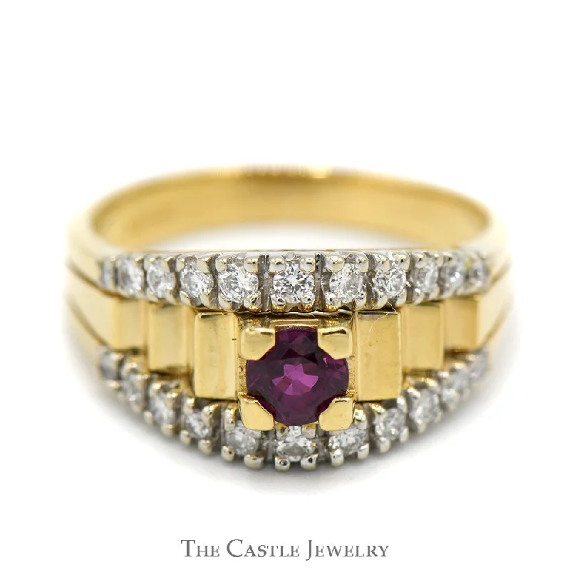 ladies rings with rose quartz -Round Rhodalite Garnet Ring with Diamond Accents in 18k Yellow Gold Ridged Mounting