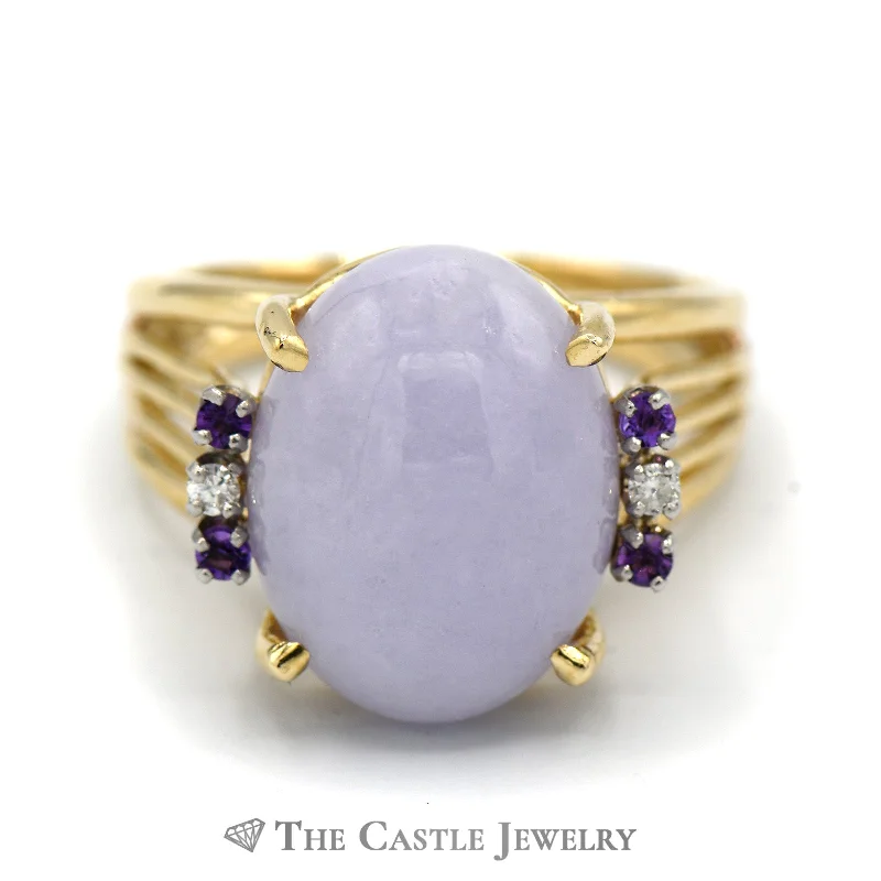 ladies rings with aquamarine gem -Large Cabochon Lavender Jade Ring with Diamond and Amethyst Accents in 14k Yellow Gold Split Shank Mounting