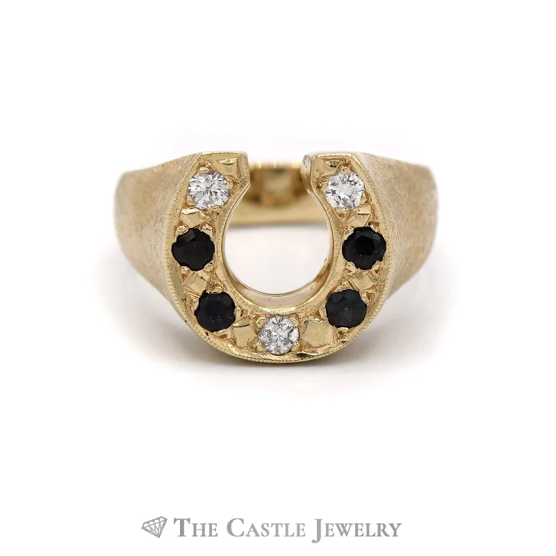 ladies rings for young women -Gent's Sapphire and Diamond Horseshoe Ring in 10KT Yellow Gold