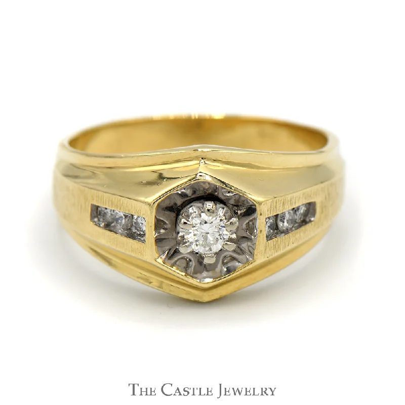 ladies rings boho chic vibe -Men's Diamond Ring in Hexagonal Setting with Diamond Accents in 14k Yellow Gold