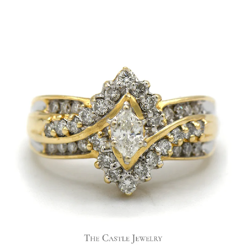 ladies rings handmade unique craft -Marquise Cut Diamond Ring with Diamond Halo in 14k Yellow Gold Bypass Mounting