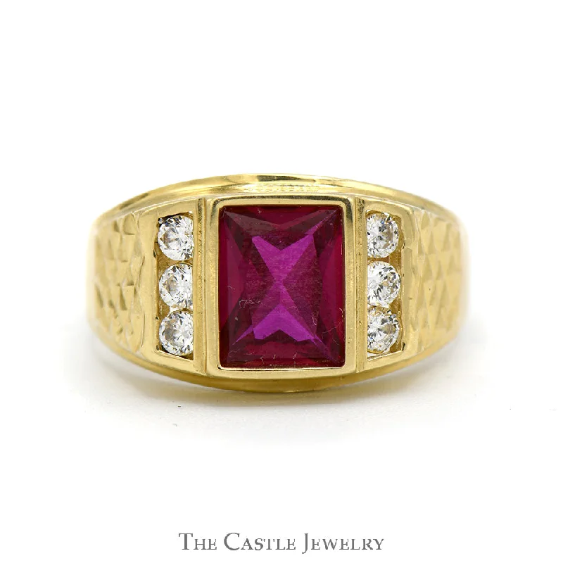 ladies rings with moonstone shine -Rectangle Shaped Synthetic Ruby Ring with Channel Set Cubic Zirconia Sides in 14k Yellow Gold