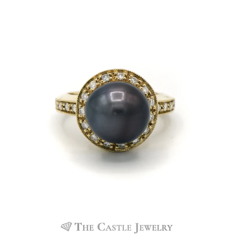 ladies rings with sapphire blue -12mm Black Pearl Ring with Diamond Halo and Shank in 14KT Yellow Gold