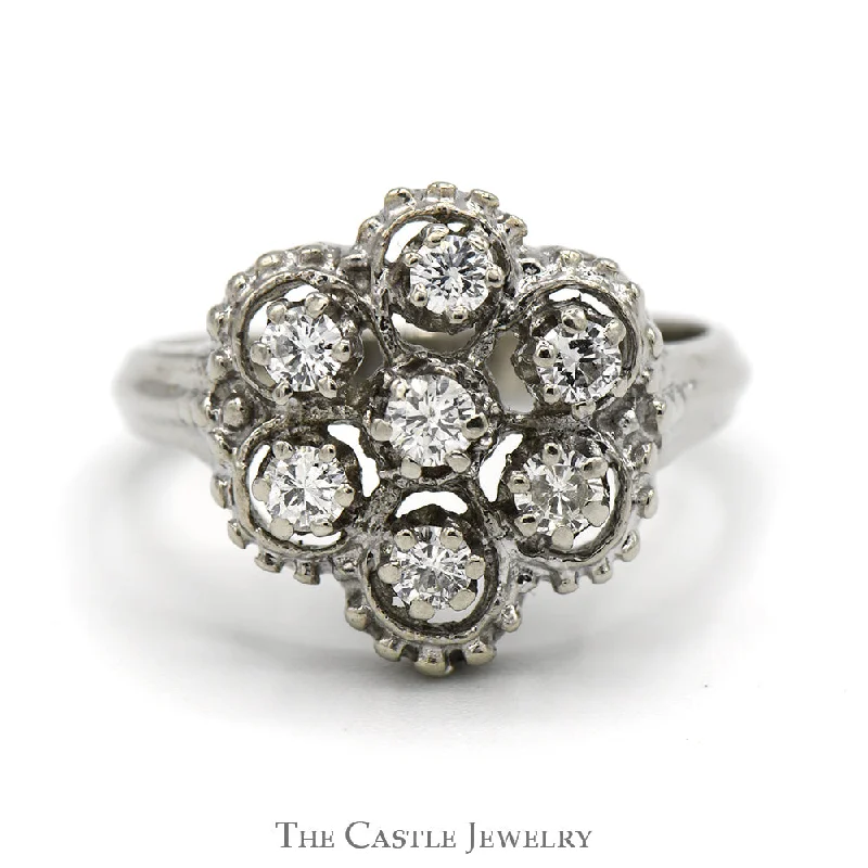 ladies rings floral pattern charm -7 Diamond Cluster Ring with Open Beaded Design in 14k White Gold