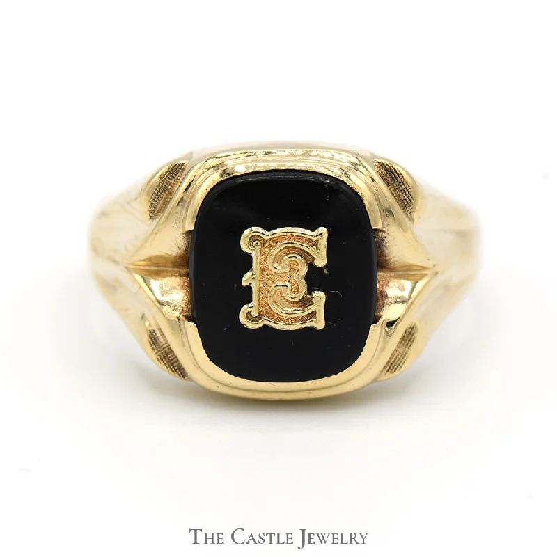 ladies rings with black diamond -Black Onyx "E" Initial Designed Ring in 10k Yellow Gold