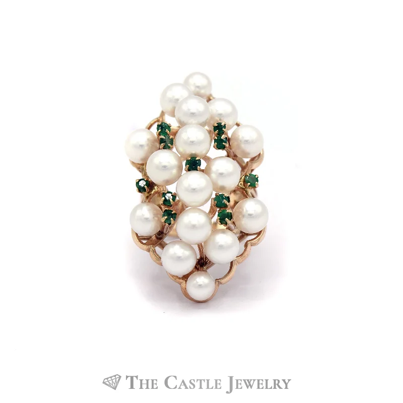 ladies rings stackable set design -Fancy Pearl Cluster Ring with Emerald Accents in 14KT Yellow Gold