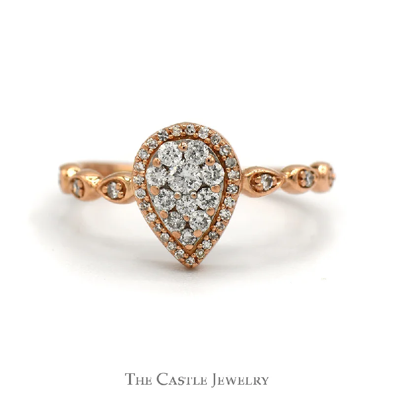 ladies rings gold elegant design -Pear Shaped Diamond Halo Cluster Ring With .25 CTTW Round Diamonds In 10KT Rose Gold