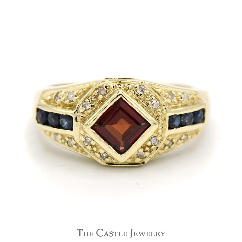 ladies rings personalized name engraving -Square Garnet and Round Sapphire Ring with Diamond Accents in 14k Yellow Gold