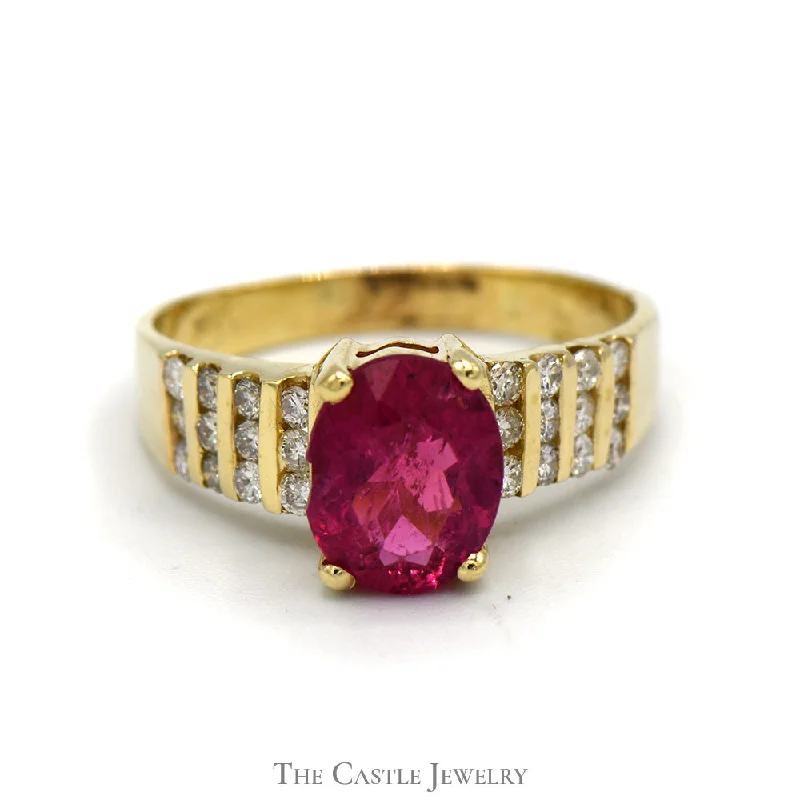 ladies rings with pink sapphire -Oval Pink Tourmaline Ring with 8 Rows of Diamonds in 14k Yellow Gold