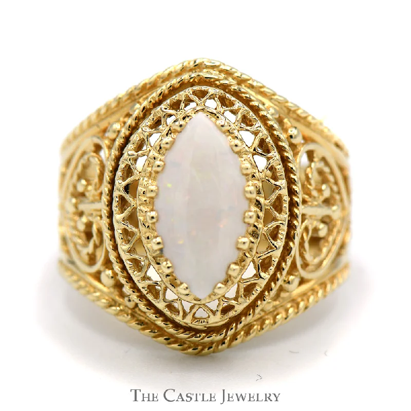 ladies rings hypoallergenic material -Marquise Opal Solitaire Dome Ring with Filigree Design in 10k Yellow Gold