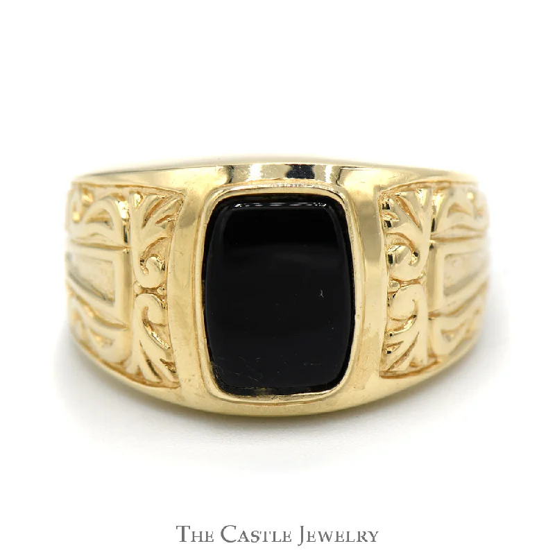 ladies rings with peridot green -Men's Cushion Cut Black Onyx Ring with Scroll Designed 10k Yellow Gold Mounting