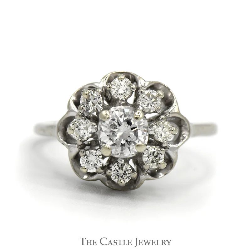 ladies rings for party wear -1cttw 9 Diamond Flower Cluster Ring in 14k White Gold Scalloped Mounting