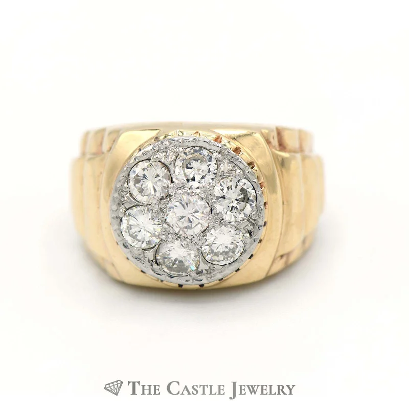 ladies rings with zircon sparkle -7 Diamond Cluster Ring in 14k Yellow Gold Ridged Style Sides