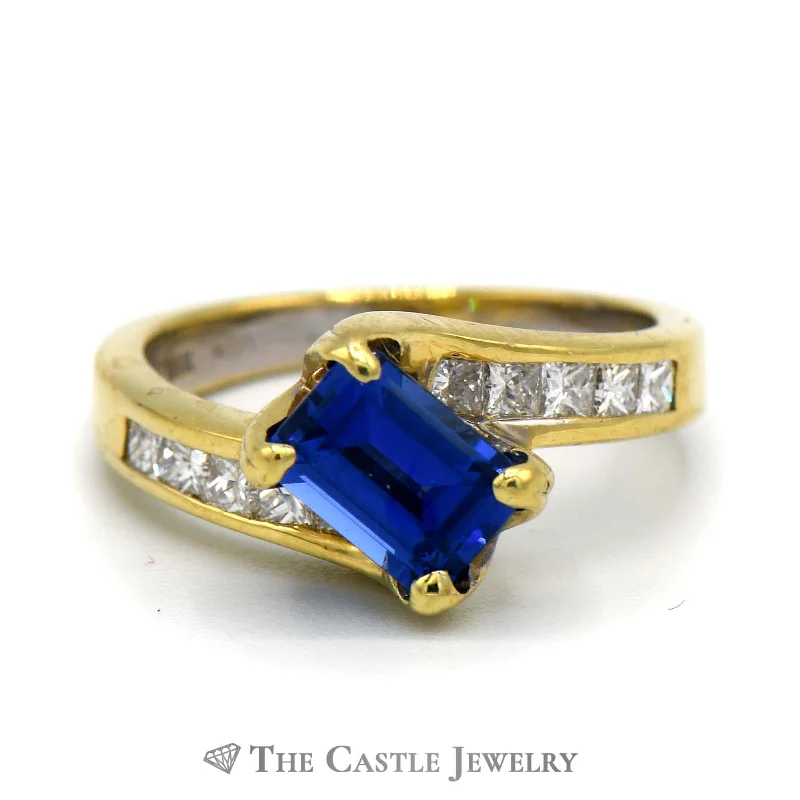 ladies rings for anniversary celebration -Emerald Cut Tanzanite Ring with Diamond Band in 18K Yellow Gold