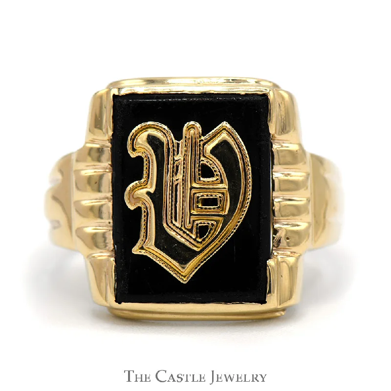 ladies rings with zircon sparkle -Rectangular Black Onyx "V" Ring in 10k Yellow Gold