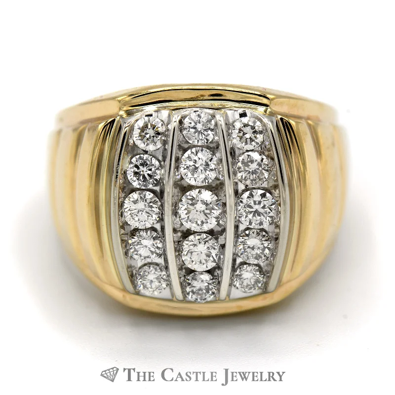 ladies rings two tone metal -Men's 3/4cttw Diamond Cluster Ring in 10k Yellow Gold Ridged Mounting