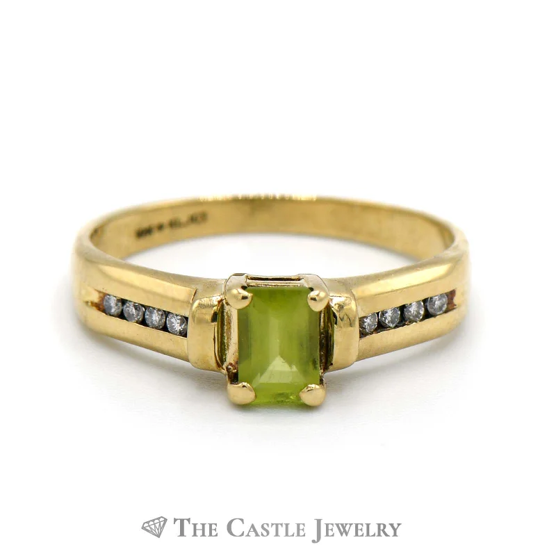 ladies rings for stylish women -Emerald Cut Peridot Ring with Channel Set Diamond Accented Sides in 10k Yellow Gold