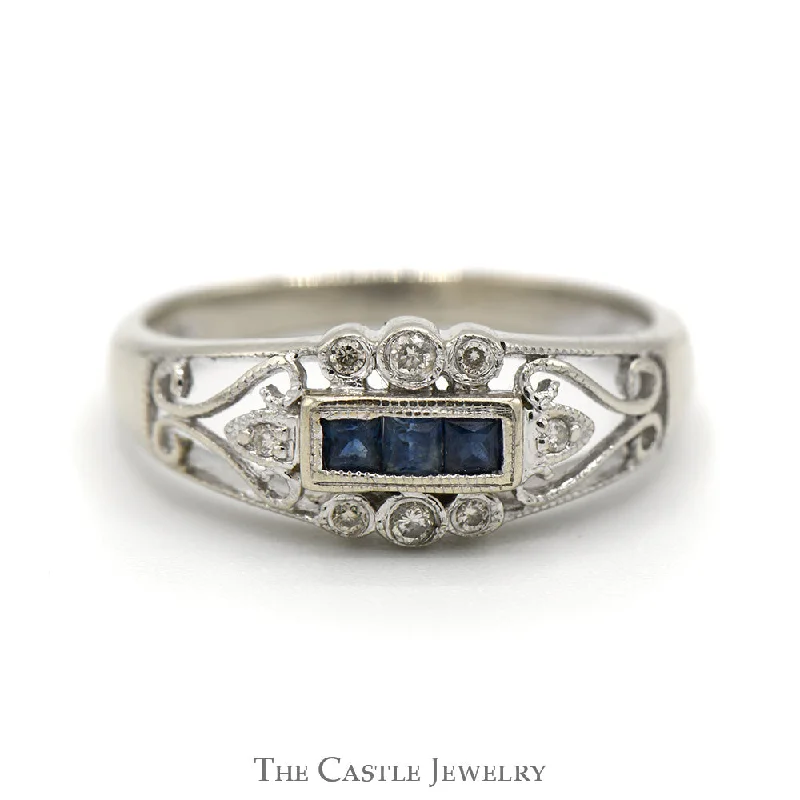 ladies rings modern sleek style -Princess Cut Sapphire Ring in Open Antique Style Band with Diamond Accents in 14k White Gold