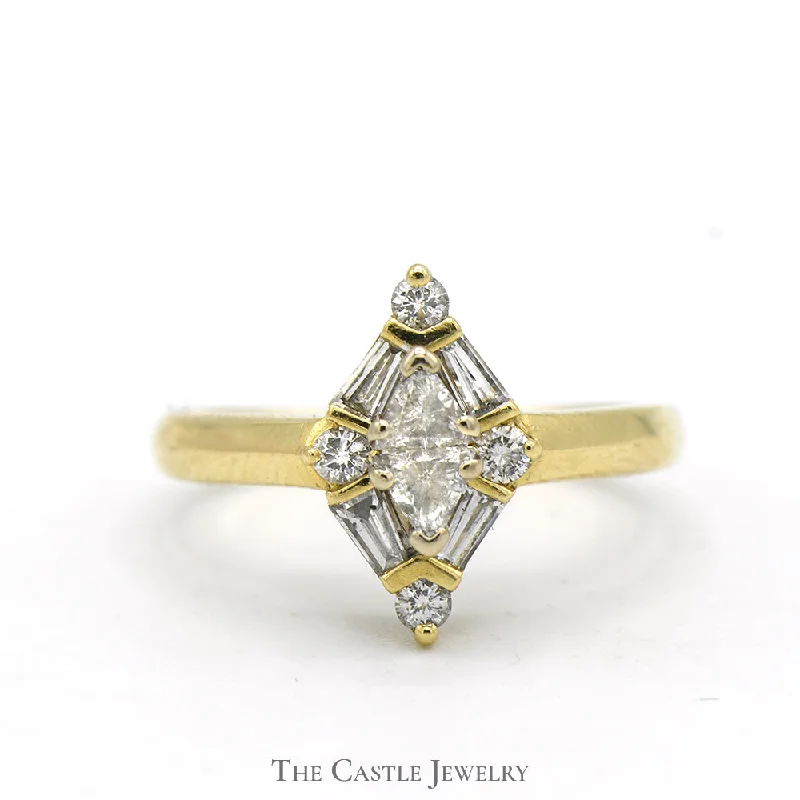 ladies rings for evening glamour -3/4cttw Trillion, Baguette and Round Diamond Cluster Ring in 14k Yellow Gold