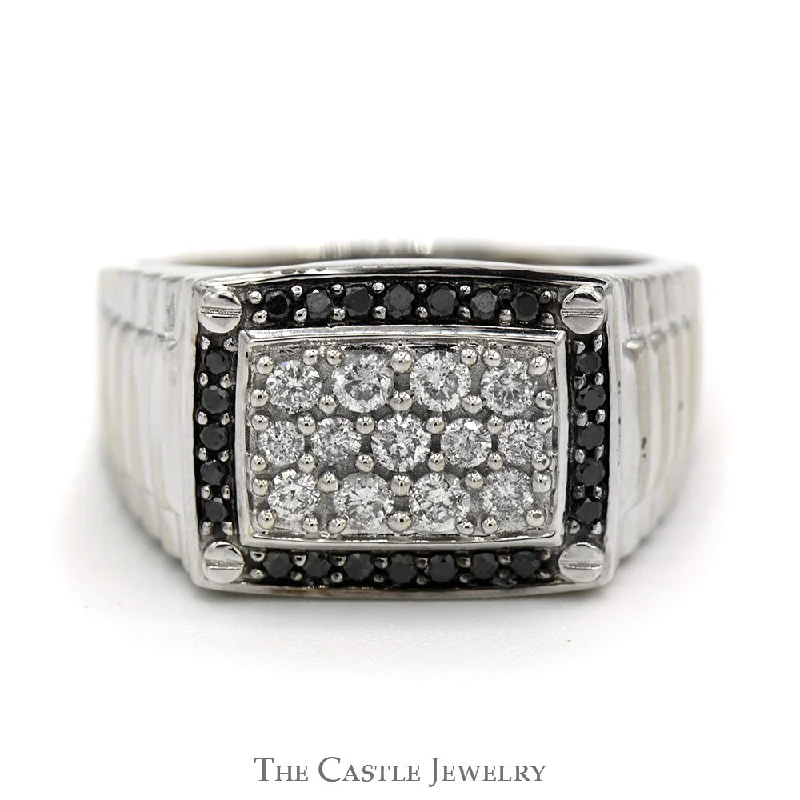 ladies rings for mother gift -Rectangular Shaped Diamond Cluster Ring with Black Diamond Bezel in 10k White Gold Ribbed Mounting