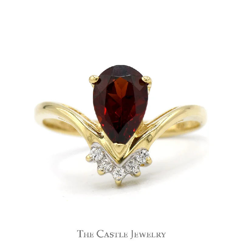 ladies rings white gold finish -Pear Cut Garnet Ring with Diamond Accents in 14k Yellow Gold "V" Shaped Setting