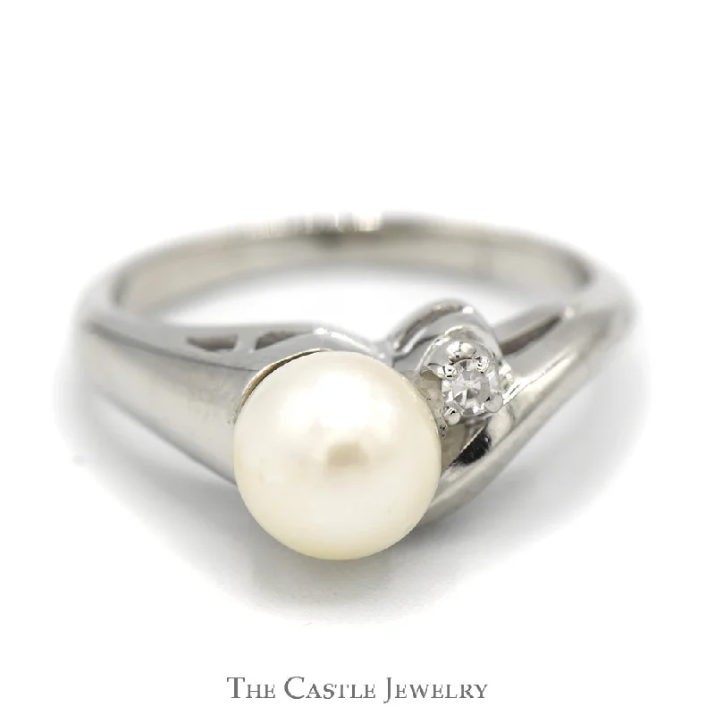 ladies rings small size fit -6.5mm Pearl Ring with Diamond Accent in 14k White Gold