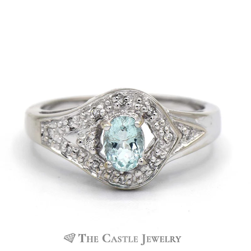 ladies rings with white pearls -Oval Aquamarine Ring with Diamond Bezel Mounting in 18K White Gold