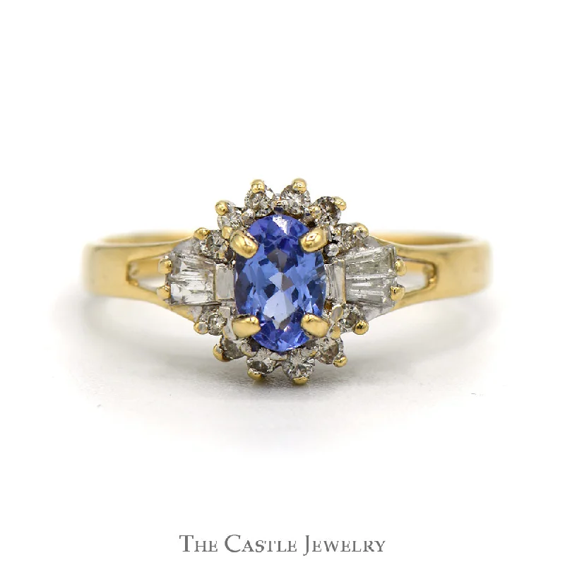 ladies rings with black diamond -Oval Cut Tanzanite Ring With Diamond Halo And Sides .20 CTTW In 14KT Yellow Gold