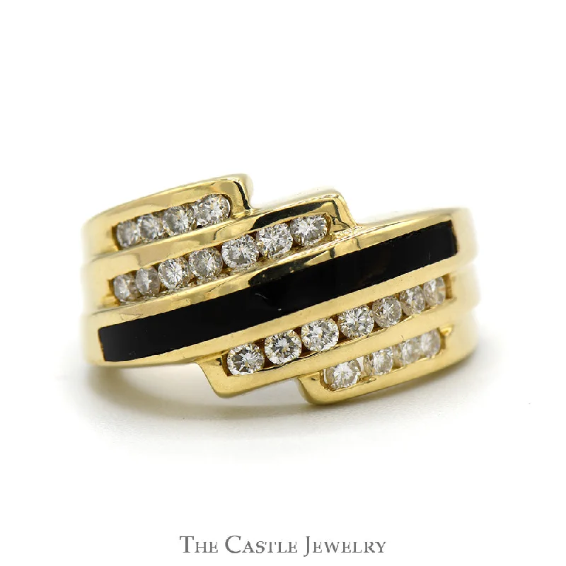 ladies rings eternity band style -Black Onyx Inlay and Channel Set Diamond Bypass Ring in 14k Yellow Gold