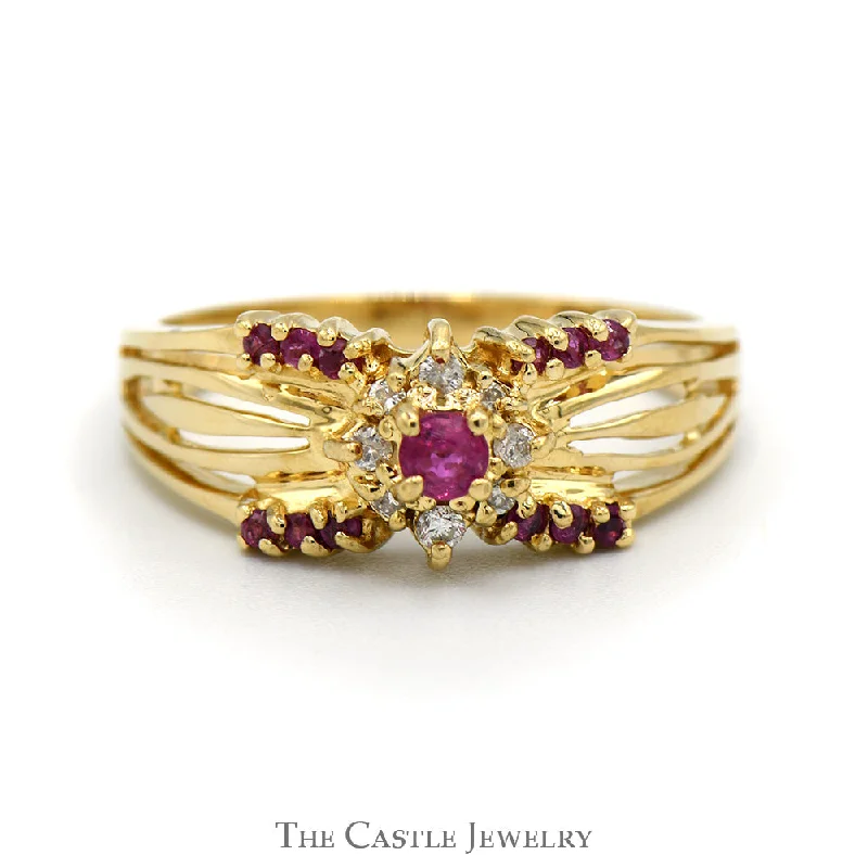 ladies rings with orange garnet -Ruby & Diamond Cluster Ring with Split Shank Ornate Sides in 14k Yellow Gold