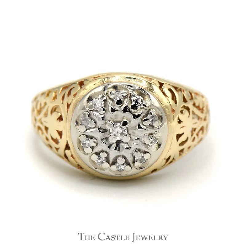 ladies rings handmade unique craft -1/4cttw Kentucky Diamond Cluster Ring with Filigree Sides in 14k Yellow Gold