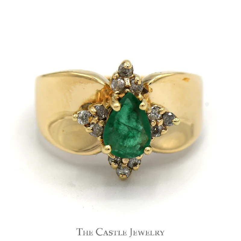 ladies rings two tone metal -Pear Cut Emerald Ring in 14K Concave Mounting with Diamond Accents