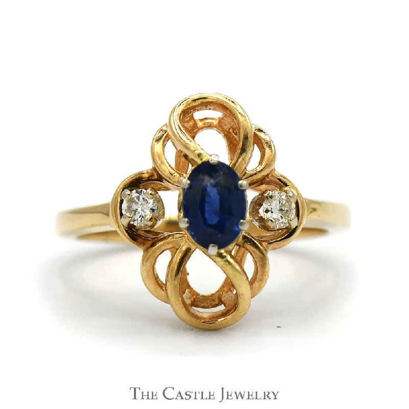 ladies rings trendy minimalist vibe -Oval Sapphire Ring with Diamond Accents in Interweaving Looped Design in 14k Yellow Gold