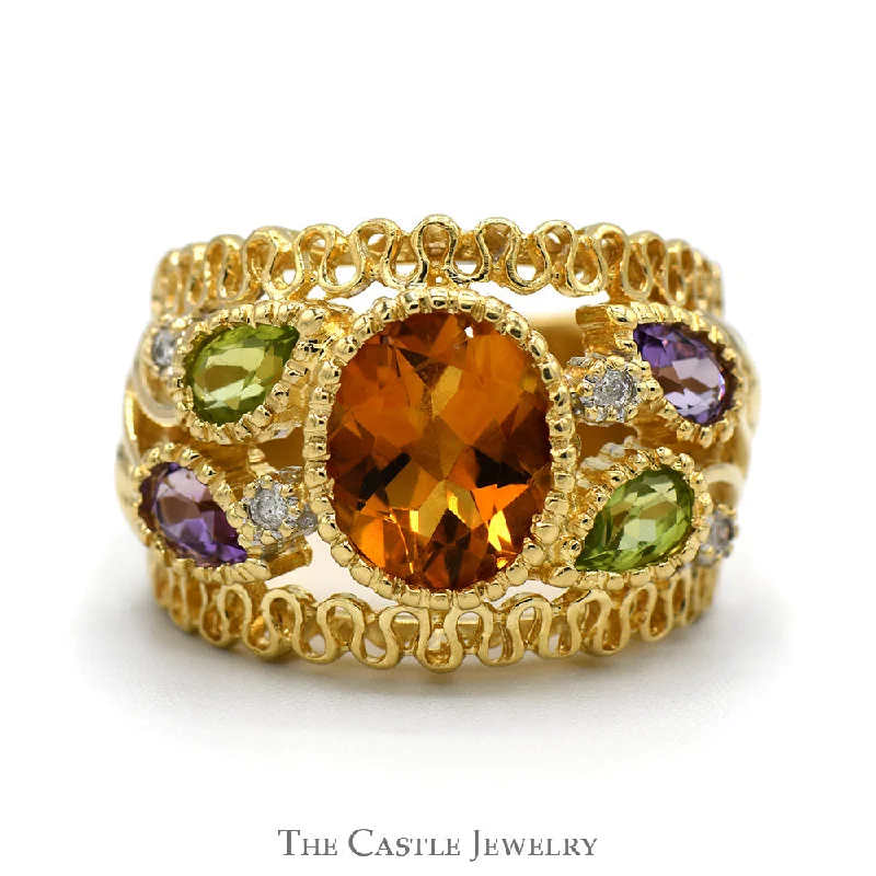 ladies rings budget friendly luxury -Oval Citrine Ring with Pear Cut Amethyst and Peridot with Diamond Accents in 14k Yellow Gold