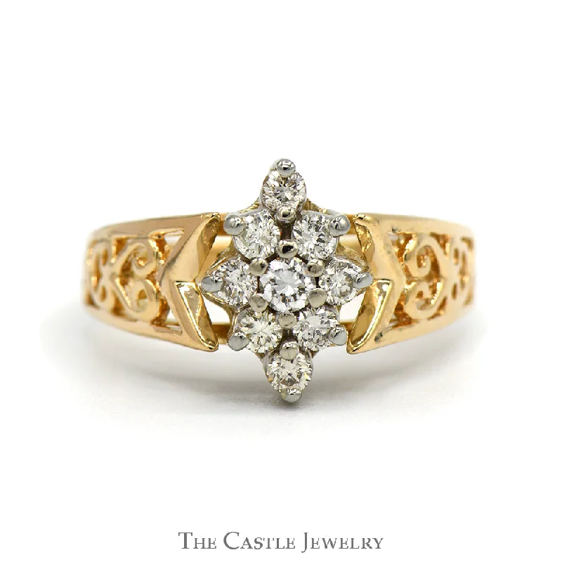 ladies rings eternity band style -1/2cttw Marquise Shaped 9 Diamond Cluster Ring with Open Filigree Sides in 10k Yellow Gold