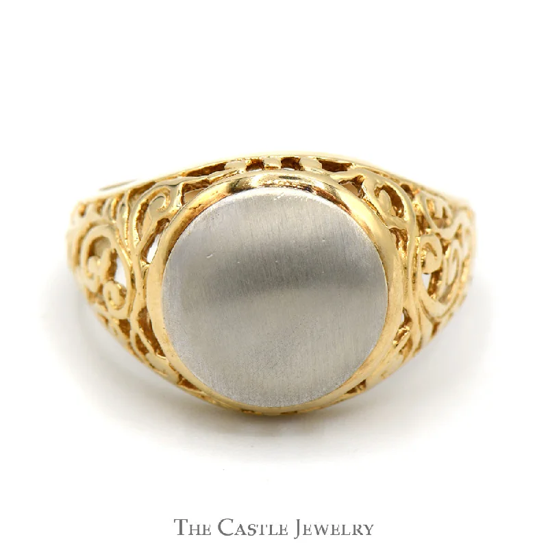 ladies rings affordable luxury price -Two Tone Signet Ring with Open Filigree Designed Sides in 14k Yellow & White Gold