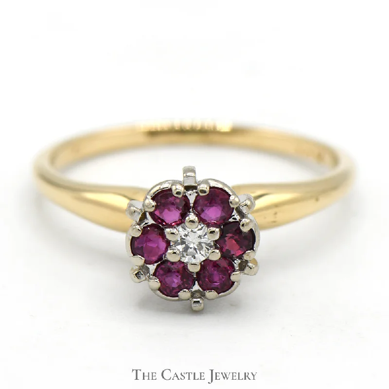 ladies rings with zircon sparkle -Round Shaped Ruby and Diamond Cluster Ring in 14k Yellow Gold