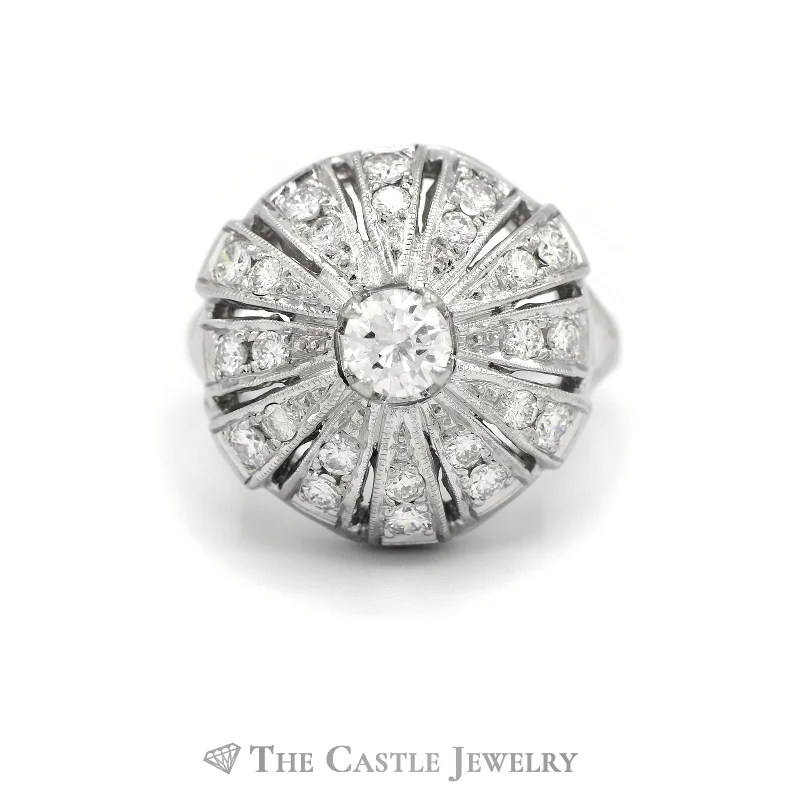 ladies rings vintage inspired look -1.15CTTW Domed Ballerina Ring with Round Diamonds in 14KT White Gold