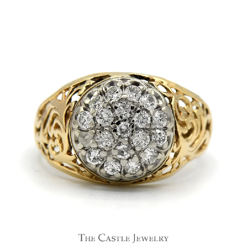 ladies rings with citrine yellow -1cttw Kentucky Diamond Cluster Ring with Open Filigree Sides in 10k Yellow Gold