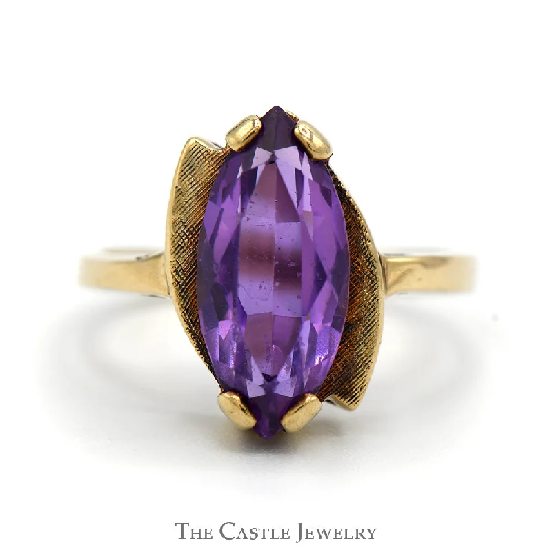 ladies rings stackable set design -Marquise Cut Amethyst Ring with Brushed Bypass Design in 10k Yellow Gold